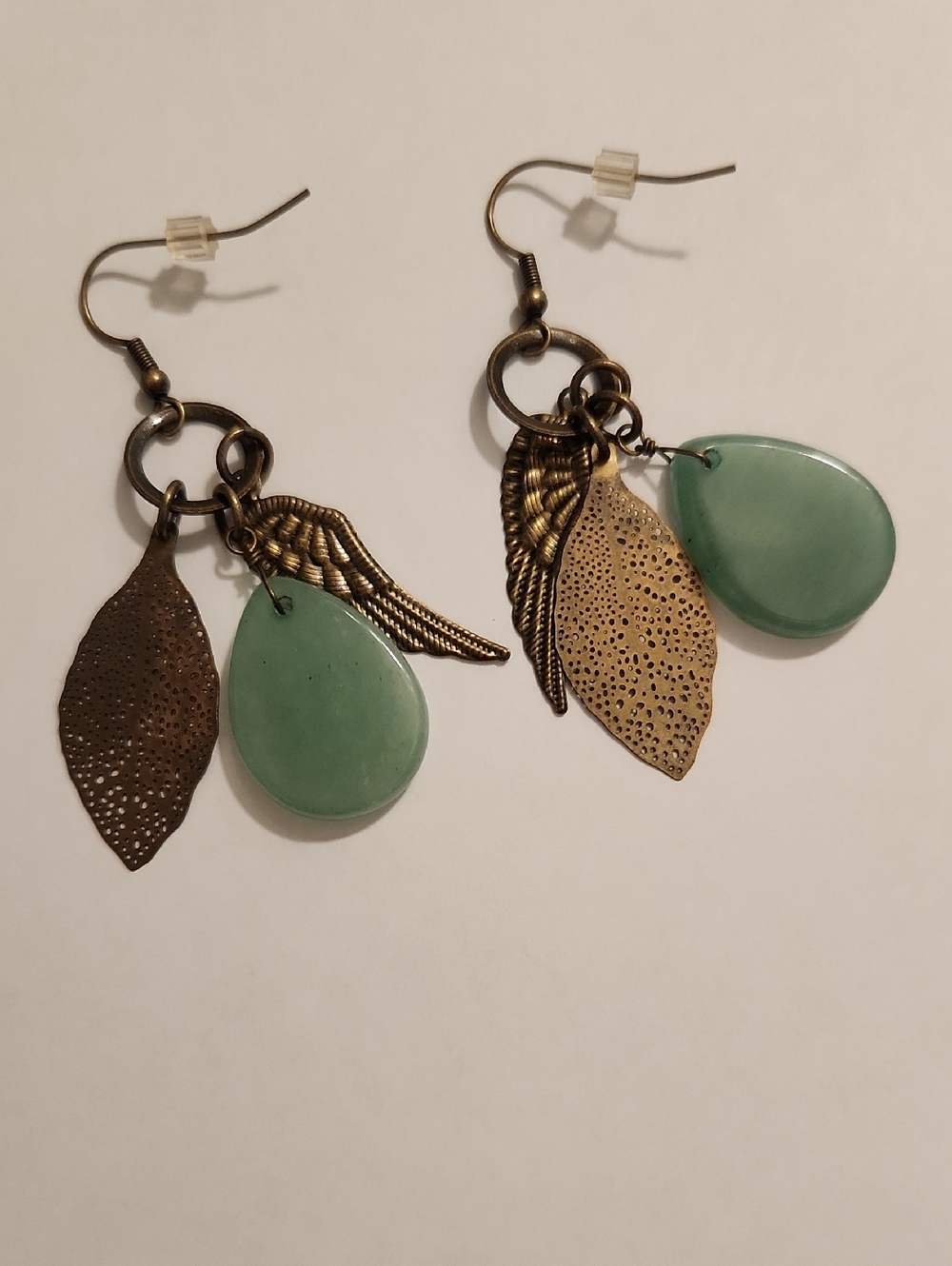 Jadeite And Brass Wing Drop Earrings
